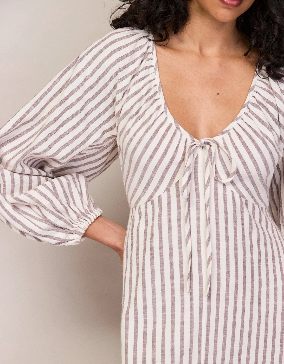 Brown Stripe Cotton Tie Front Dress