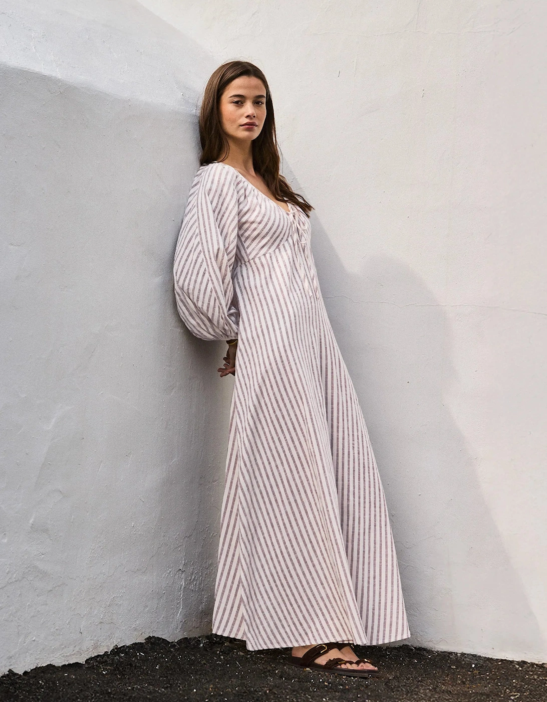 Brown Stripe Cotton Tie Front Dress