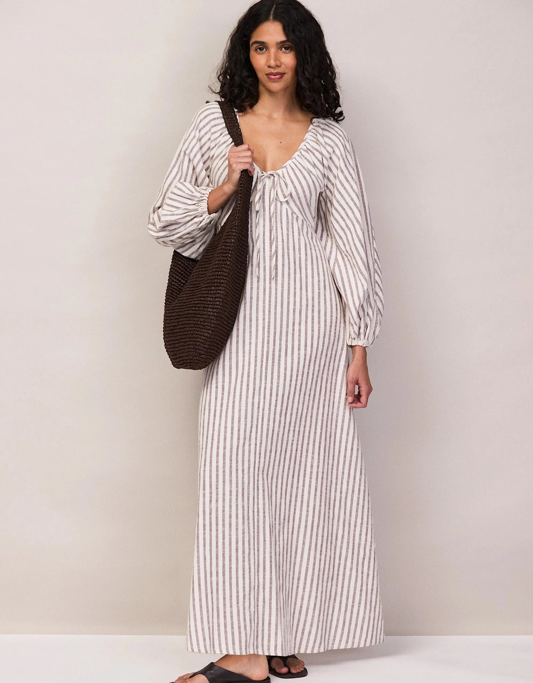 Brown Stripe Cotton Tie Front Dress
