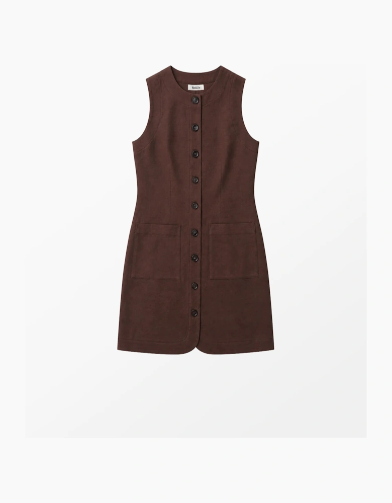Petite Chocolate Brown Button Through Dress With Linen