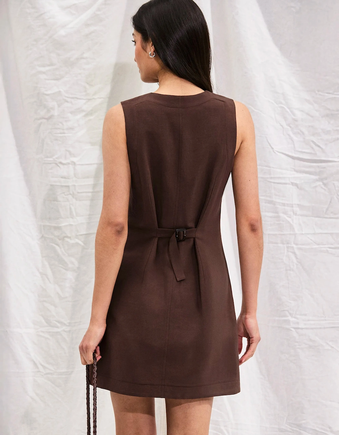Petite Chocolate Brown Button Through Dress With Linen