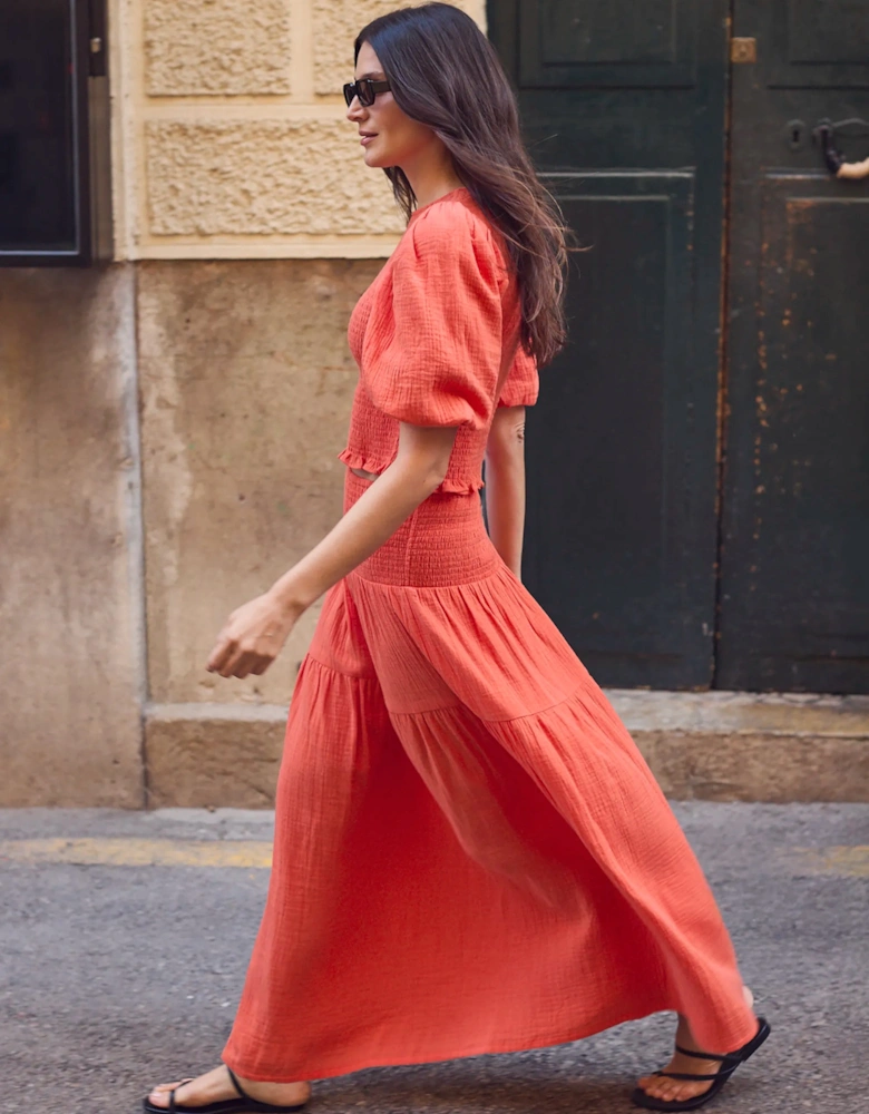 Coral Cheesecloth Shirred Top