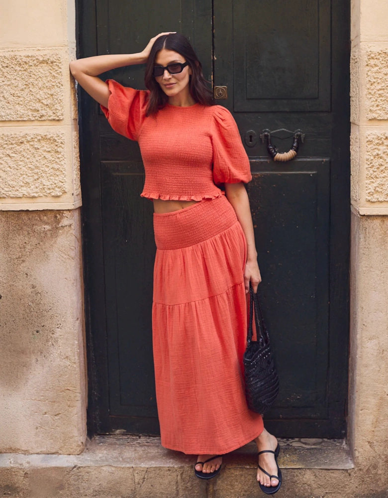 Coral Cheesecloth Shirred Top