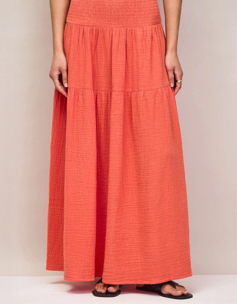 Coral Cheesecloth Shirred Waistband Skirt
