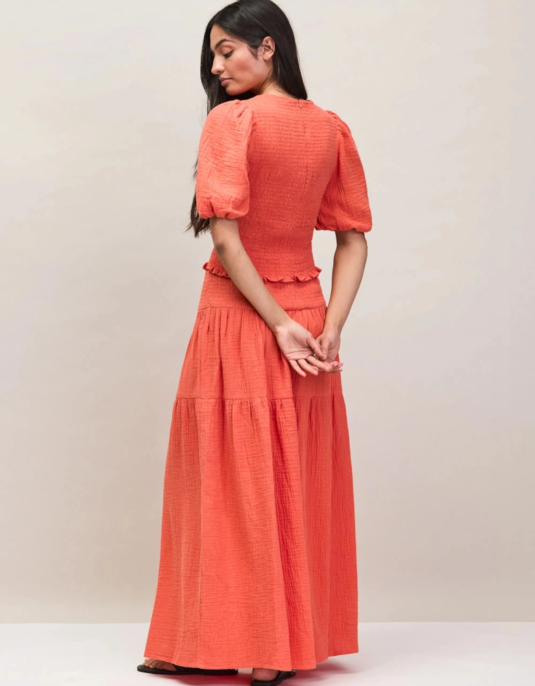 Coral Cheesecloth Shirred Waistband Skirt