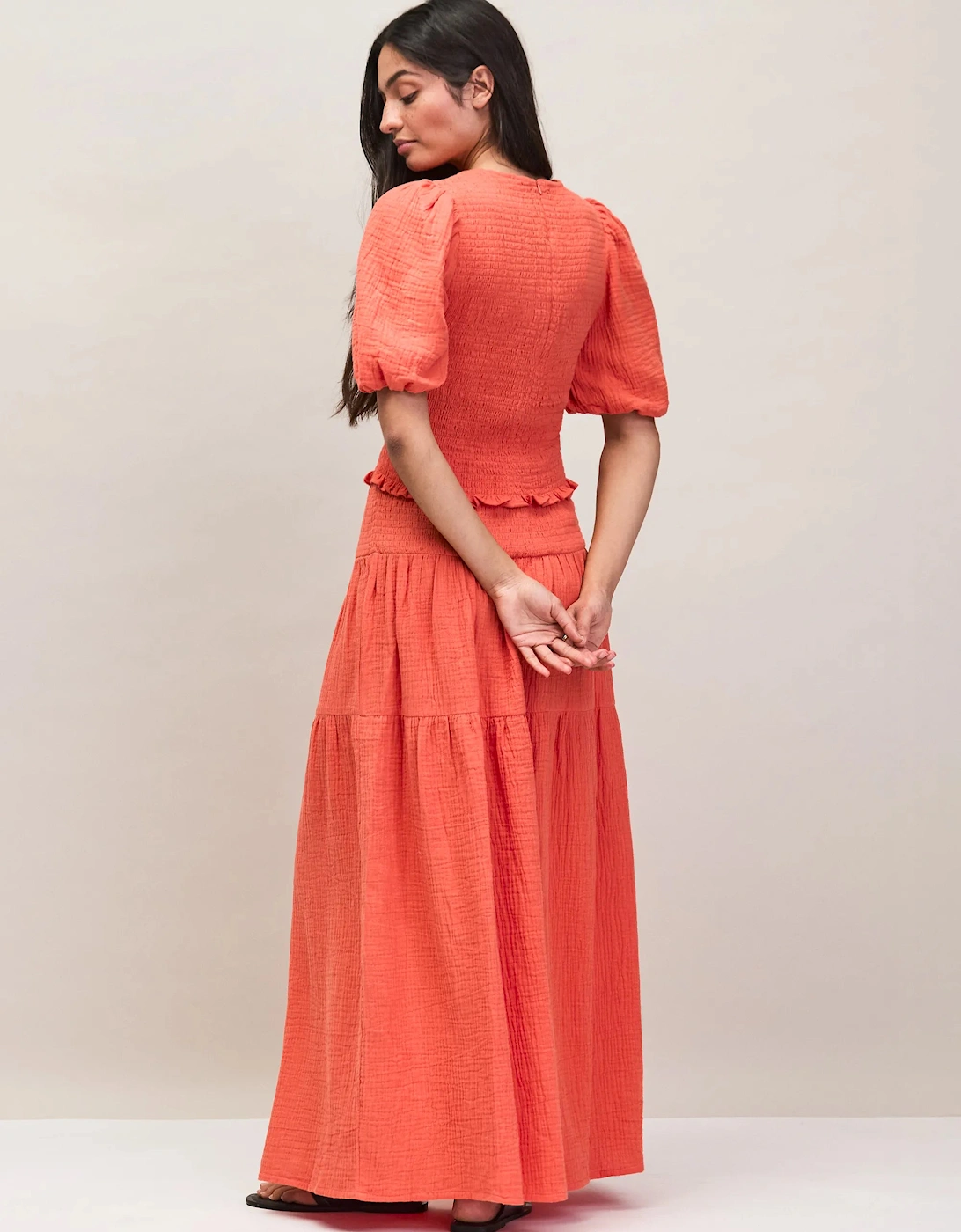Coral Cheesecloth Shirred Waistband Skirt