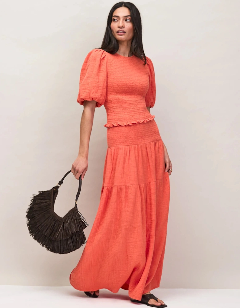 Coral Cheesecloth Shirred Waistband Skirt