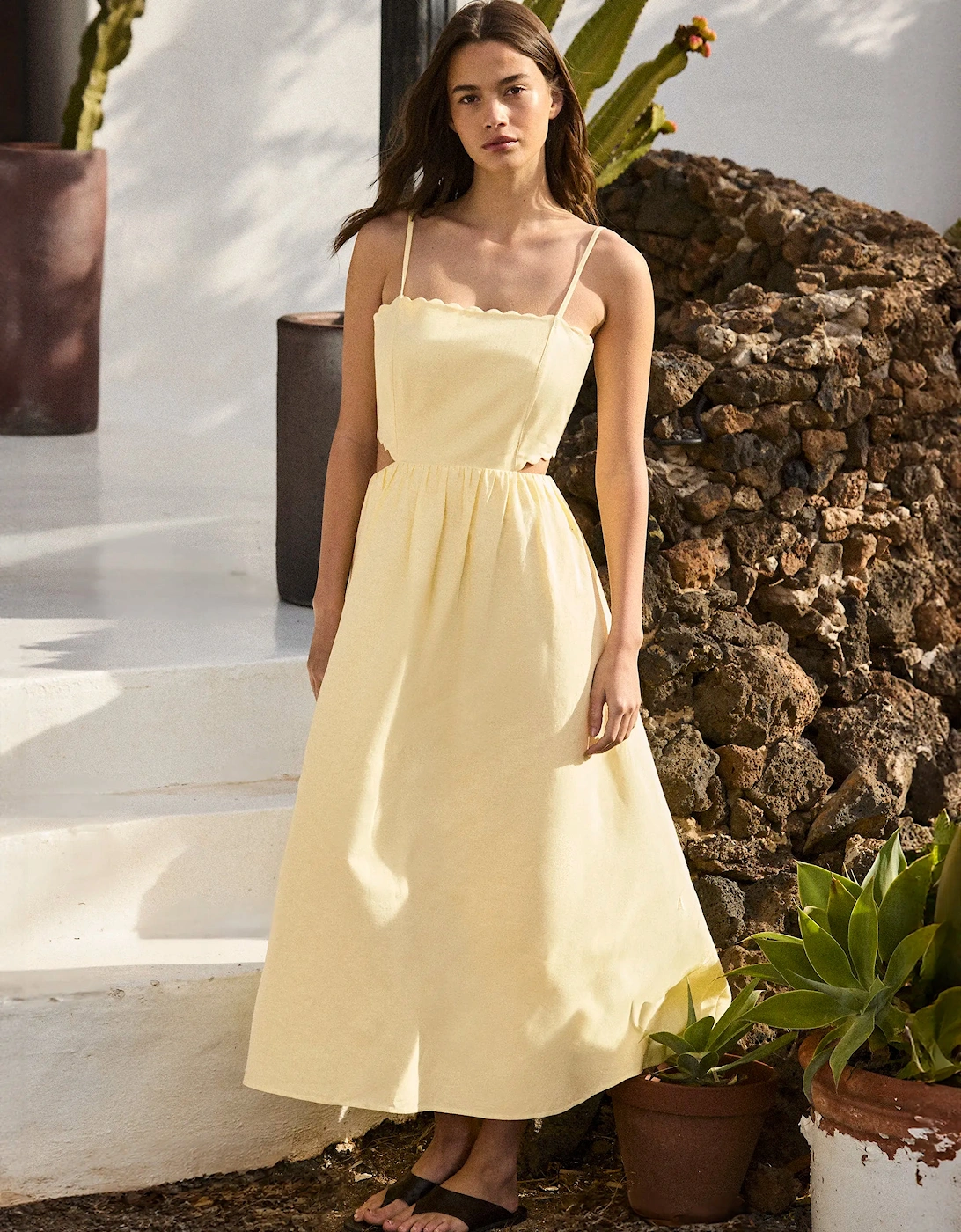 Buttermilk Linen-Blend Scalloped Cut-Out Dress