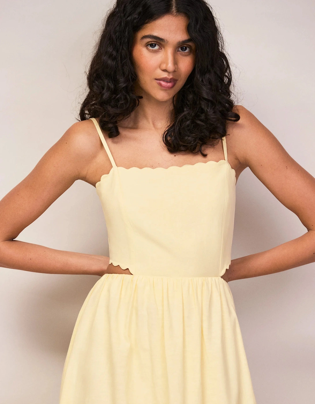 Buttermilk Linen-Blend Scalloped Cut-Out Dress