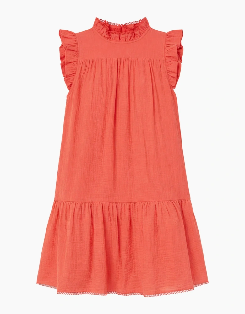 Petite Coral Cheesecloth Frill Neck Mini Dress
