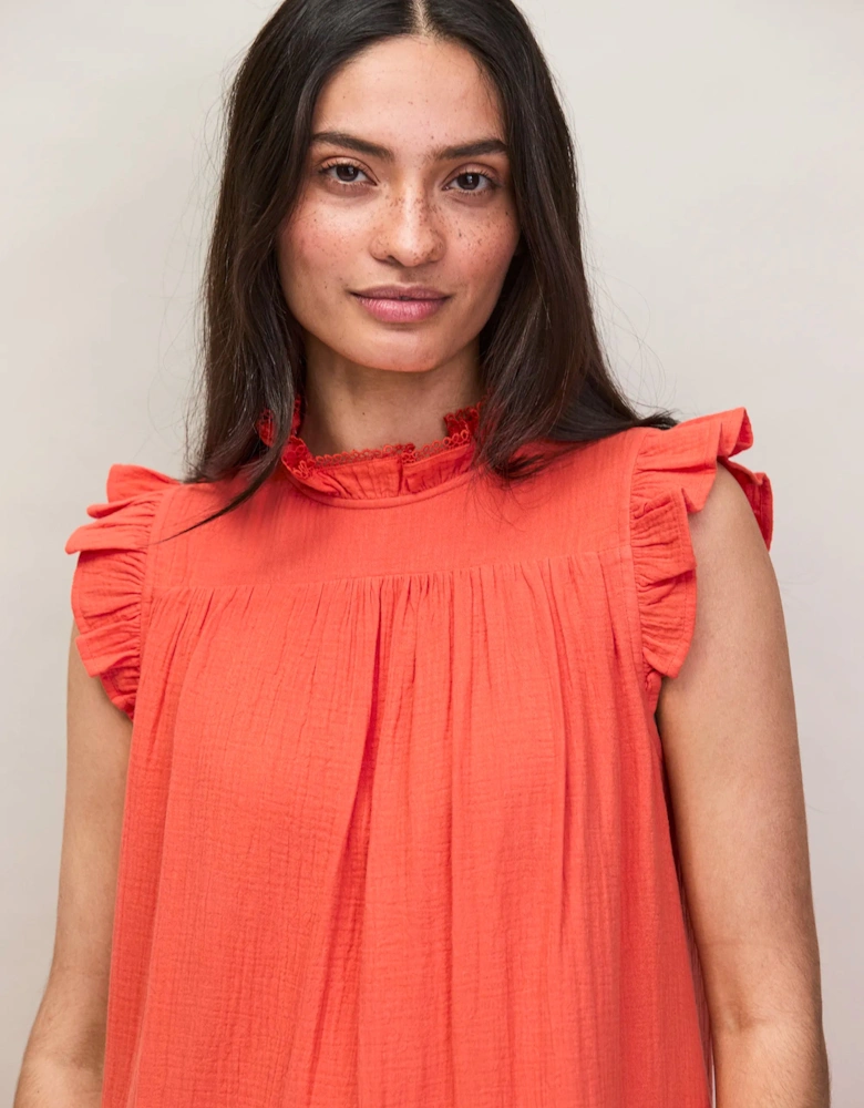 Petite Coral Cheesecloth Frill Neck Mini Dress