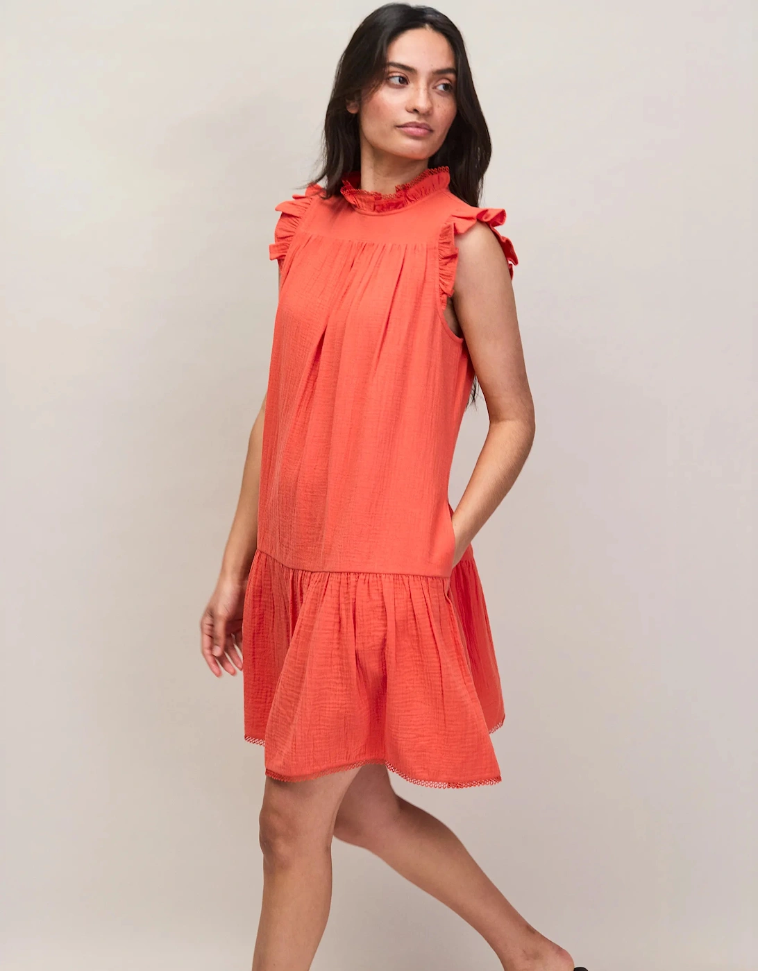 Petite Coral Cheesecloth Frill Neck Mini Dress