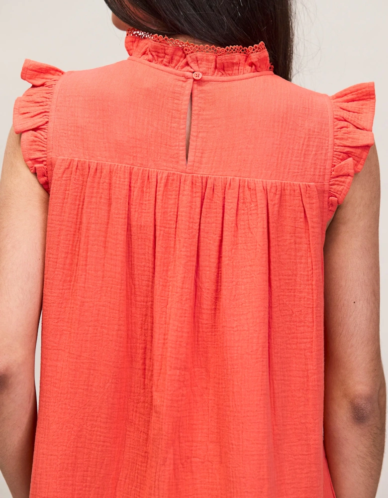 Petite Coral Cheesecloth Frill Neck Mini Dress