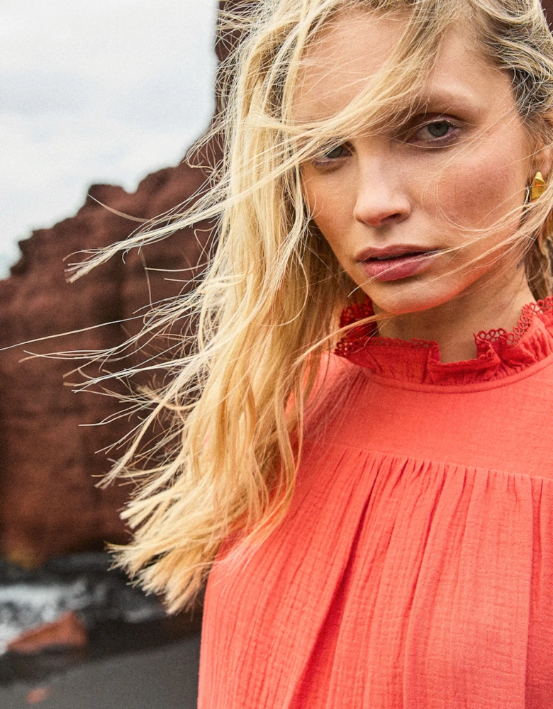 Petite Coral Cheesecloth Frill Neck Mini Dress