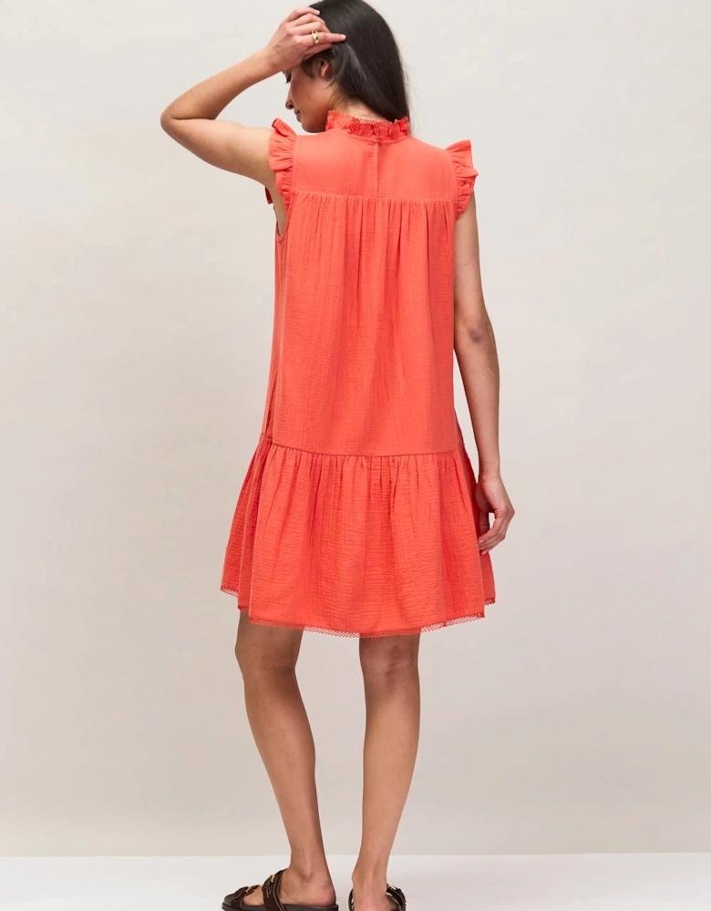 Petite Coral Cheesecloth Frill Neck Mini Dress