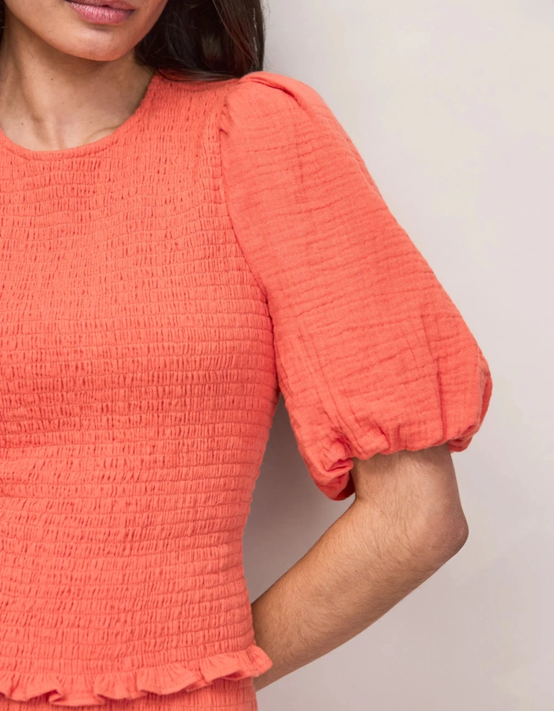 Coral Cheesecloth Shirred Top