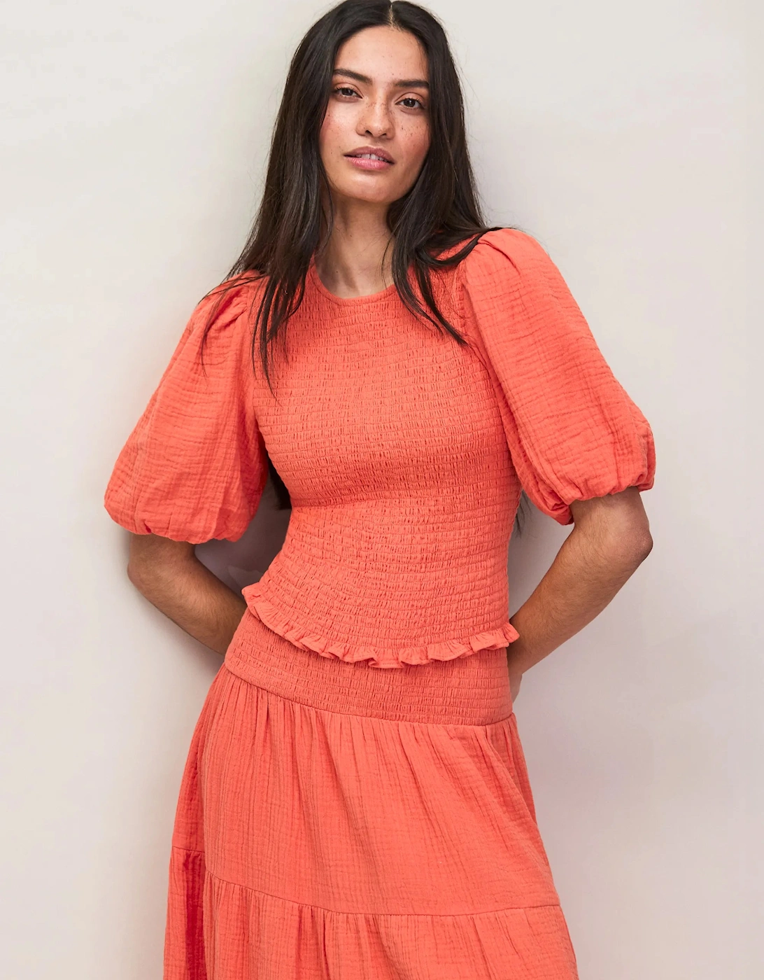 Coral Cheesecloth Shirred Top