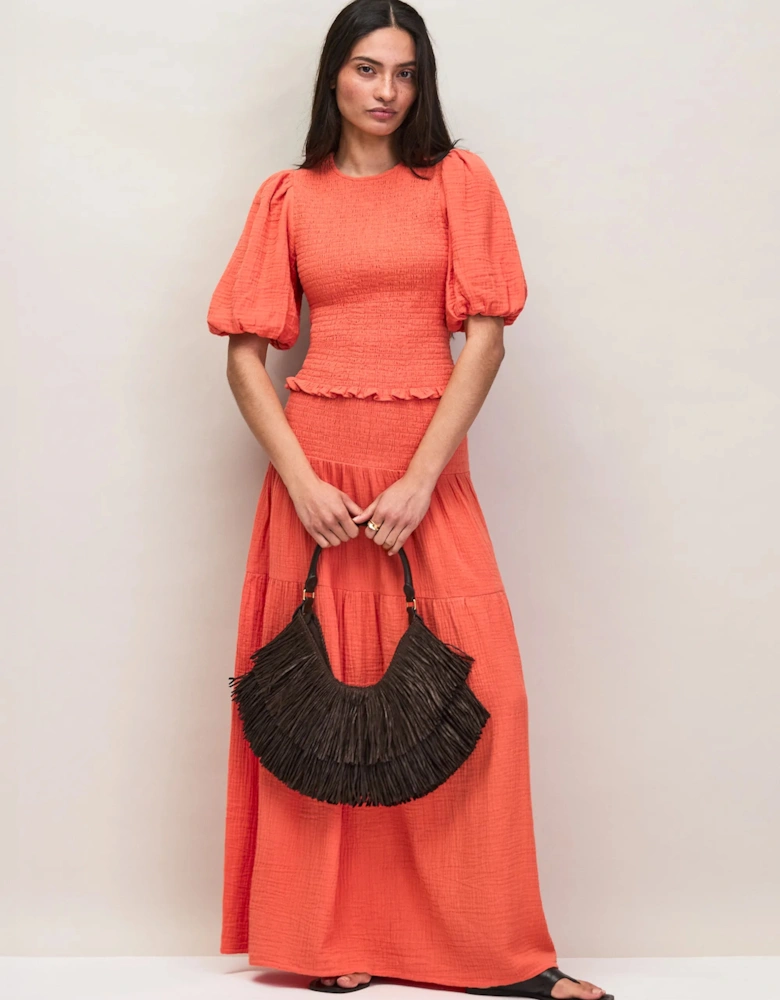 Coral Cheesecloth Shirred Top