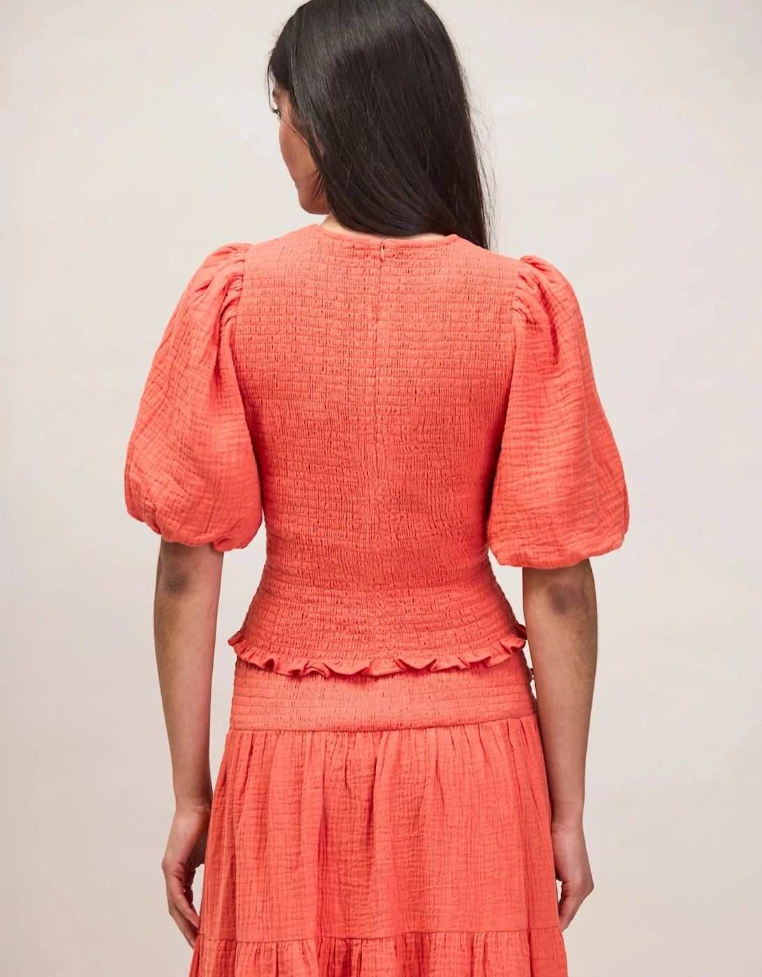 Coral Cheesecloth Shirred Top