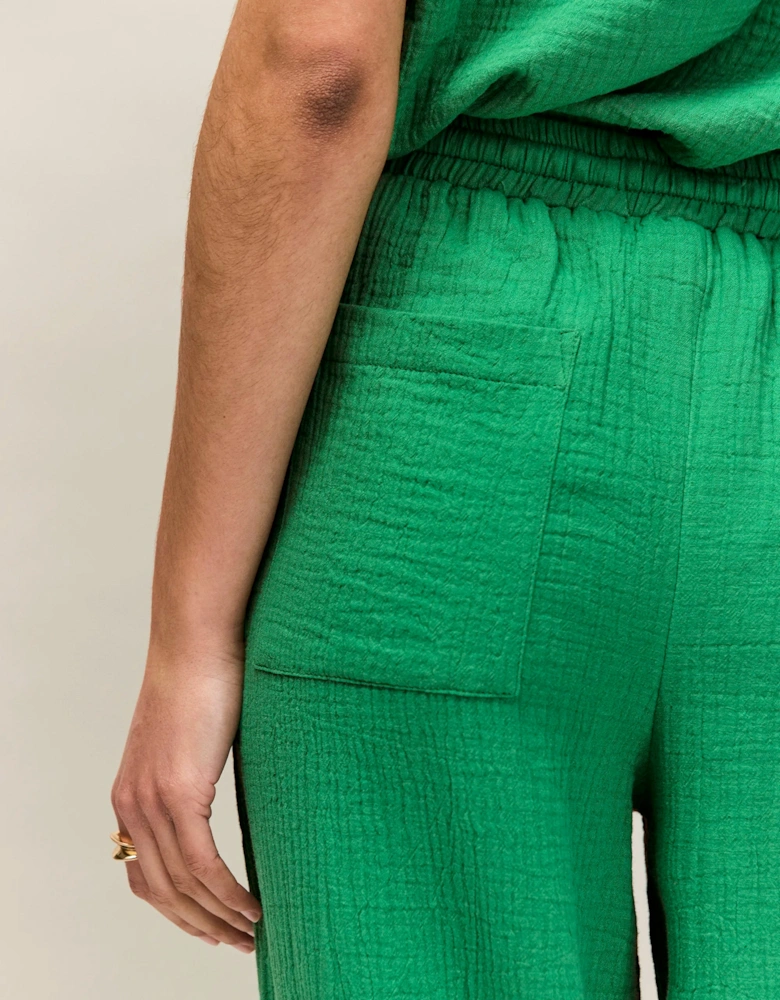 Petite Green Cheesecloth Drawstring Cuffed Trousers