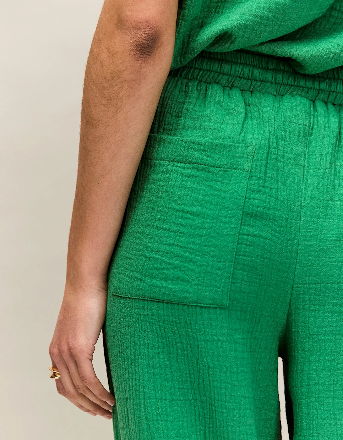 Petite Green Cheesecloth Drawstring Cuffed Trousers