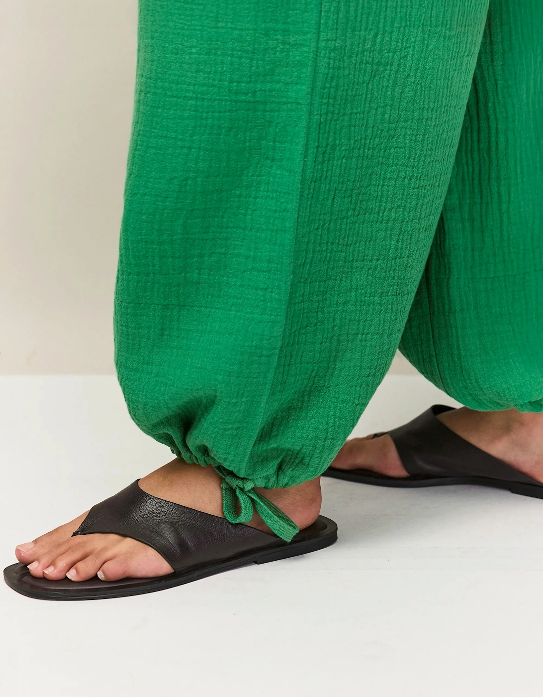 Petite Green Cheesecloth Drawstring Cuffed Trousers