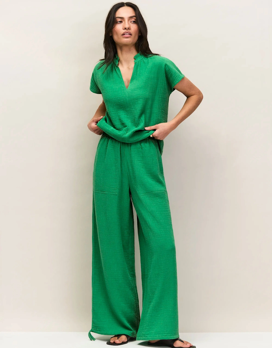 Petite Green Cheesecloth Drawstring Cuffed Trousers