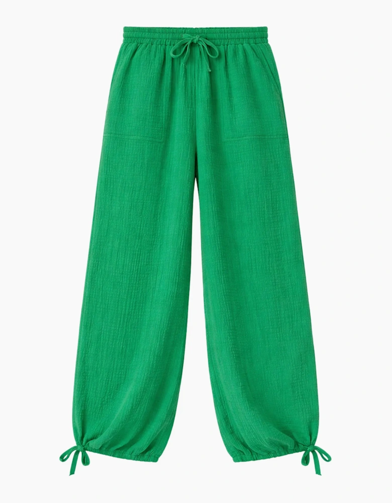 Petite Green Cheesecloth Drawstring Cuffed Trousers