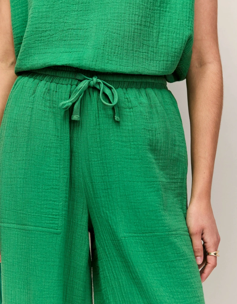 Petite Green Cheesecloth Drawstring Cuffed Trousers