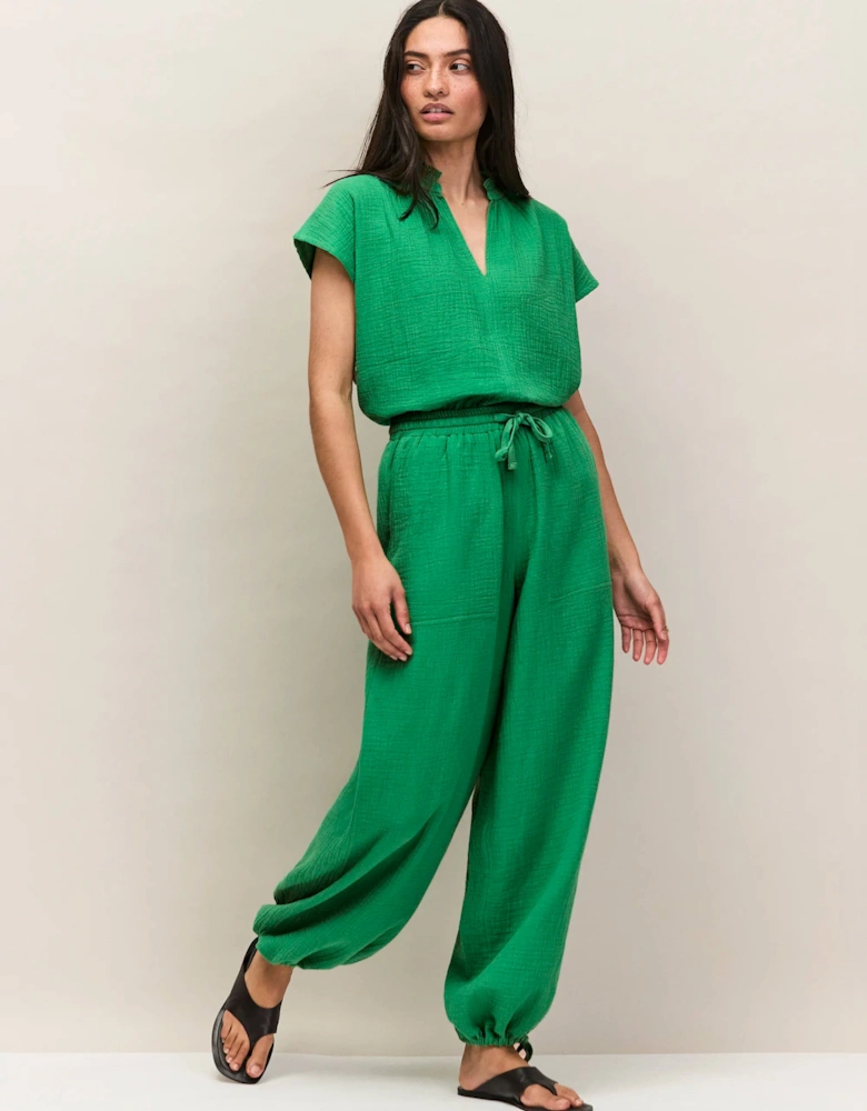 Petite Green Cheesecloth Drawstring Cuffed Trousers