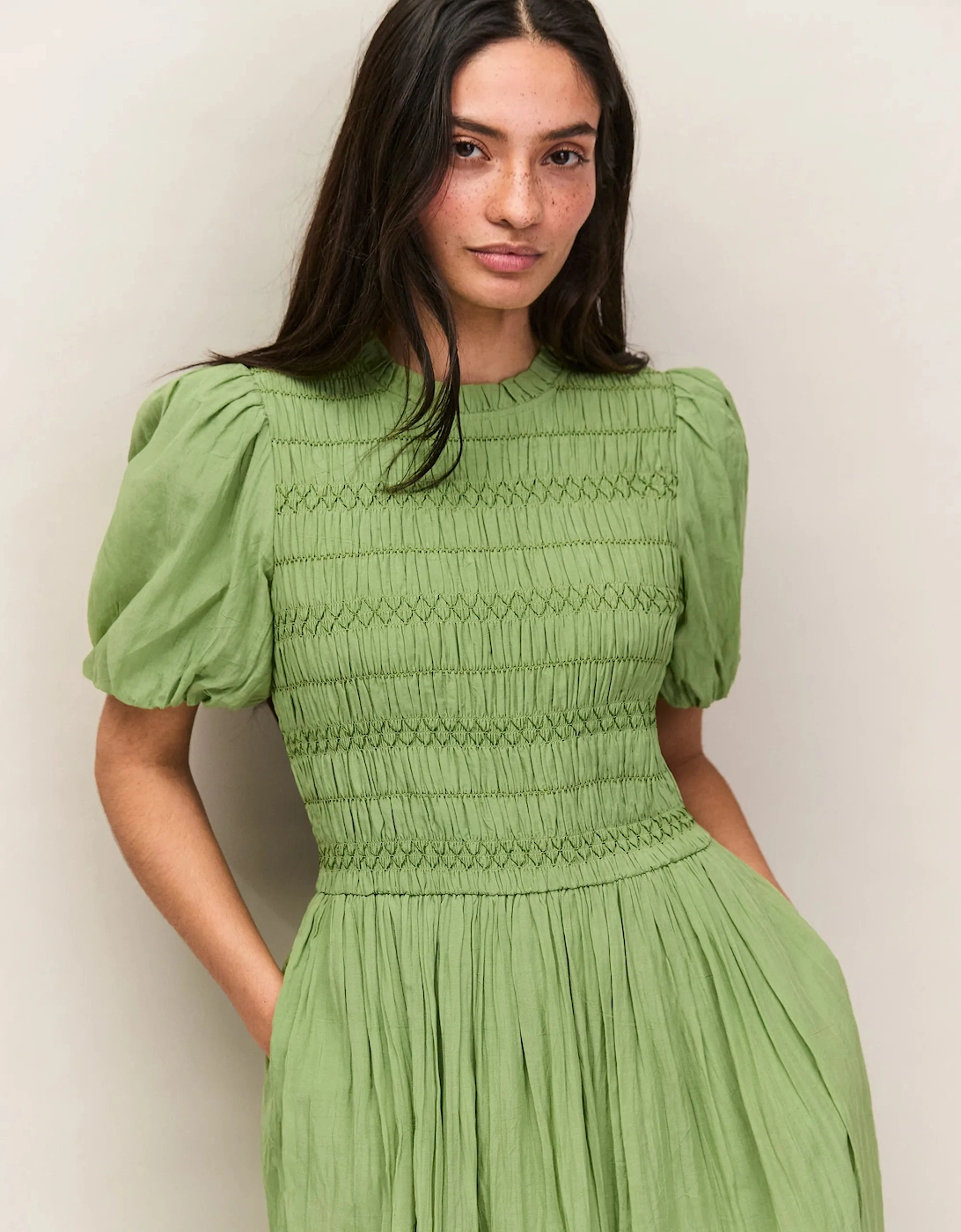 Green Cotton Shirred Bodice Dress