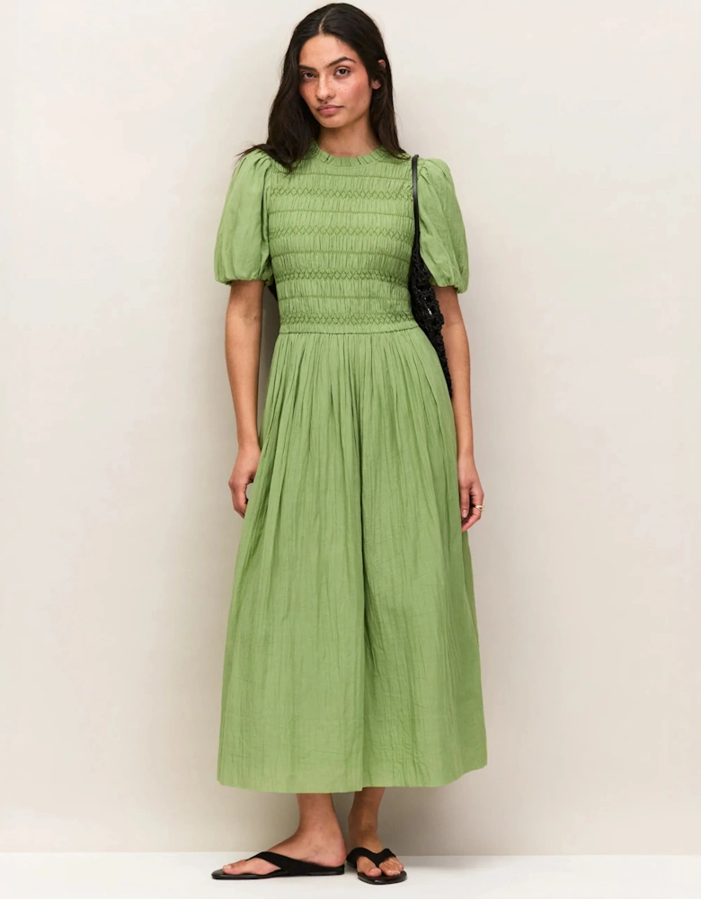 Green Cotton Shirred Bodice Dress