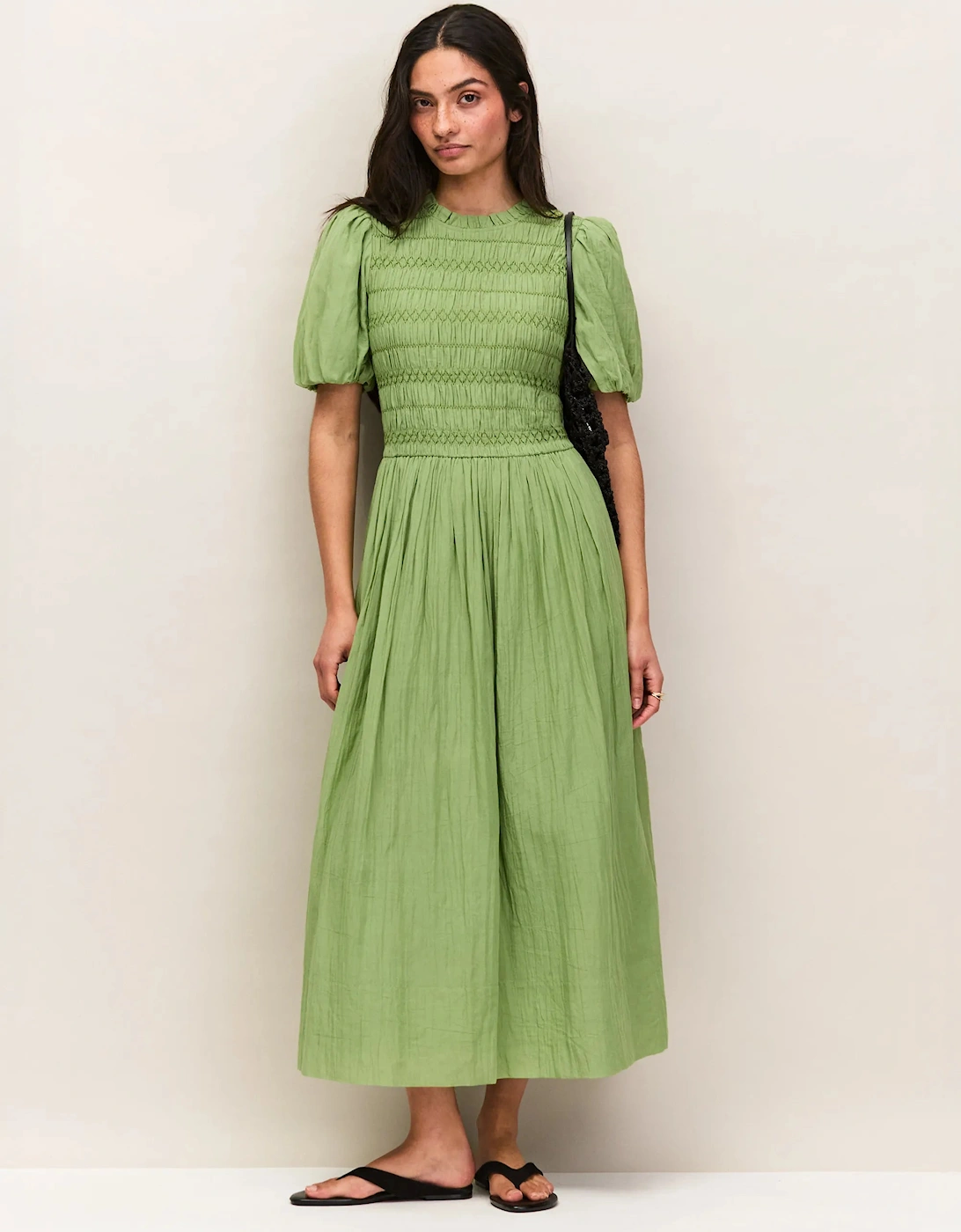Green Cotton Shirred Bodice Dress