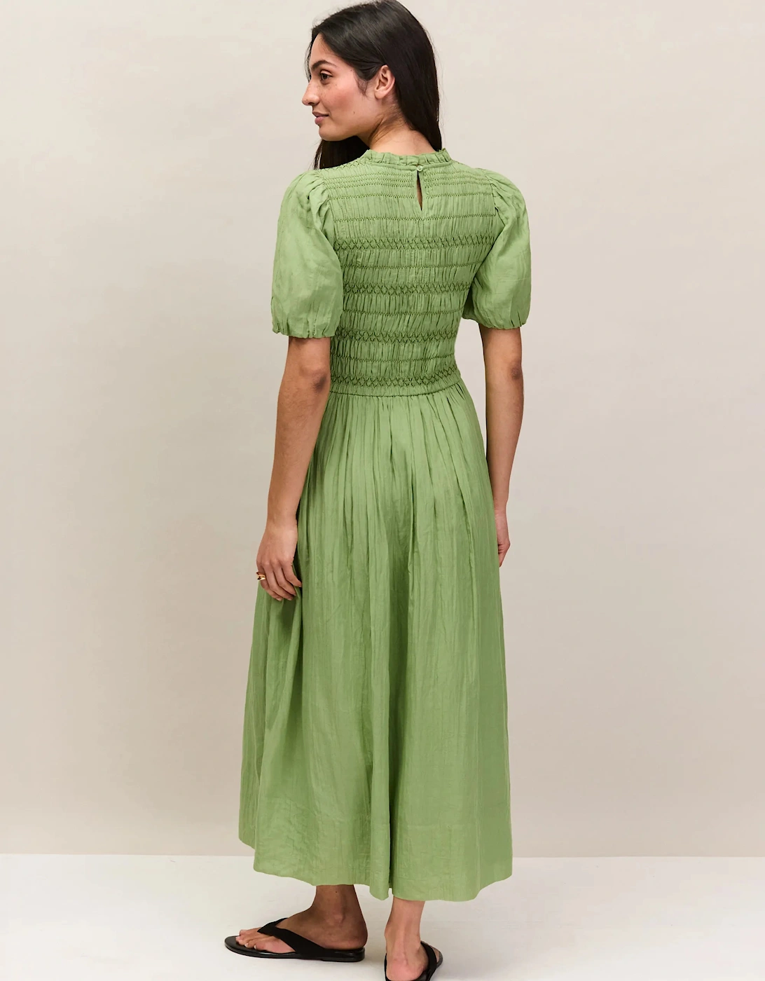 Green Cotton Shirred Bodice Dress
