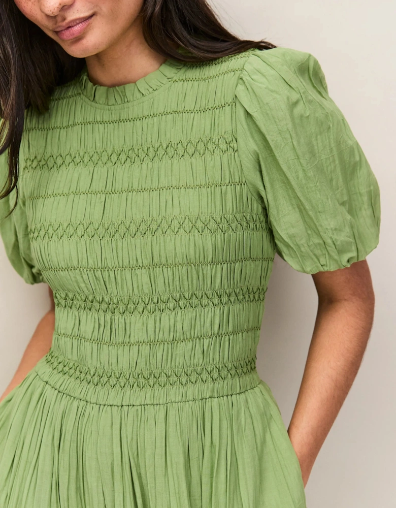 Green Cotton Shirred Bodice Dress