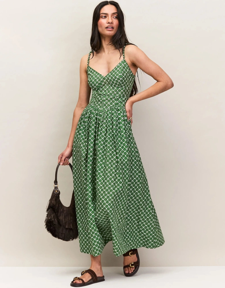 Green Fan Print Beaded Strap Dress
