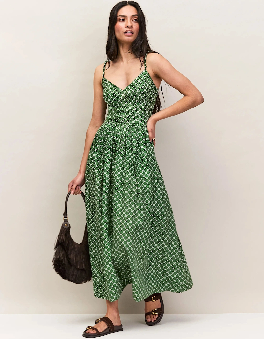 Green Fan Print Beaded Strap Dress