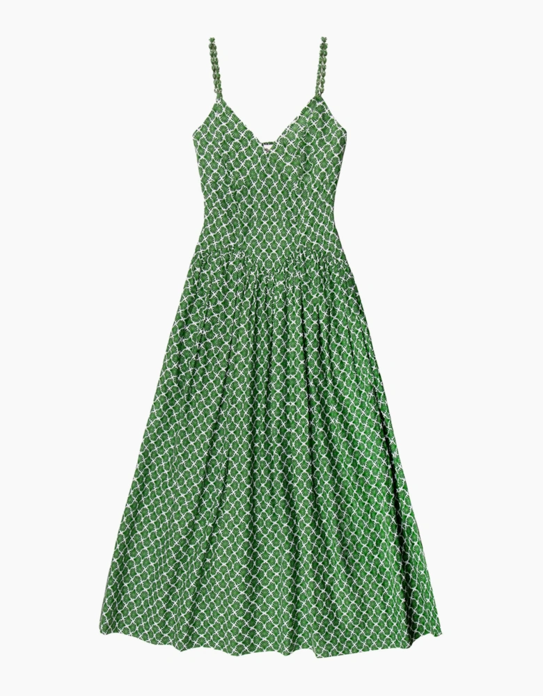 Green Fan Print Beaded Strap Dress