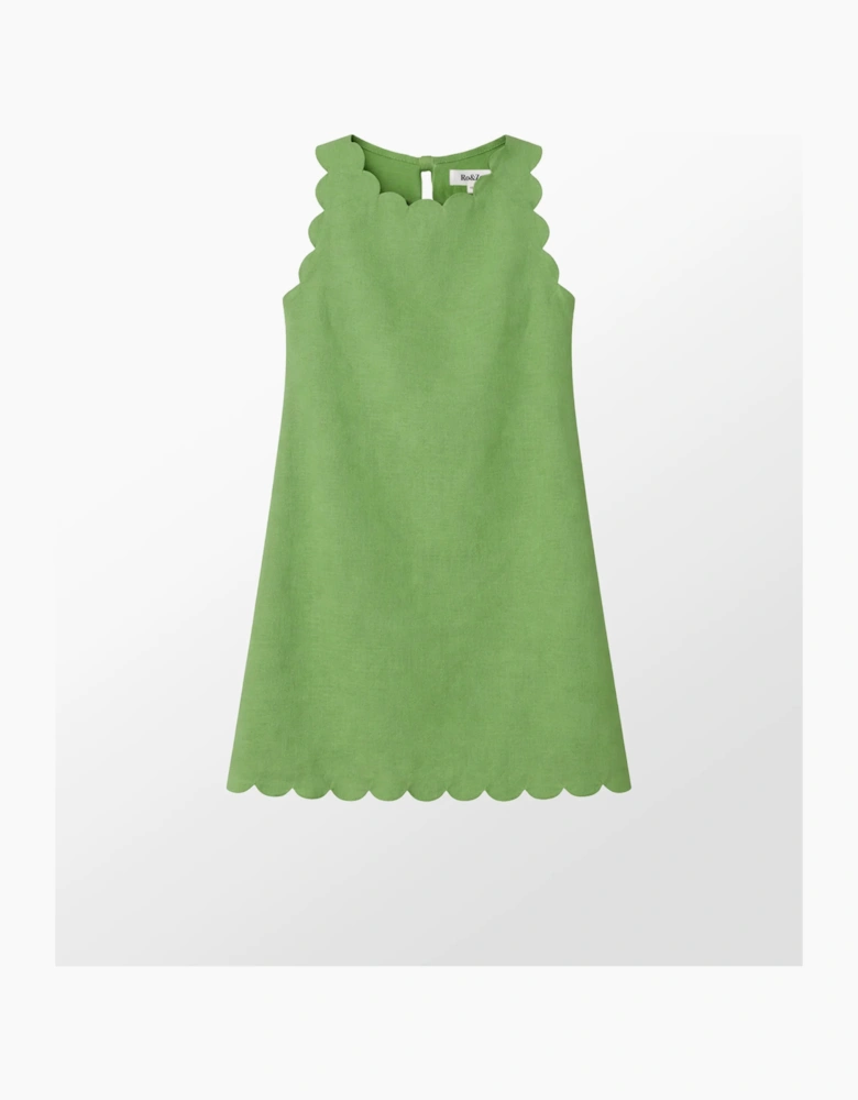 Petite Green Scallop Edge Mini Dress With Linen