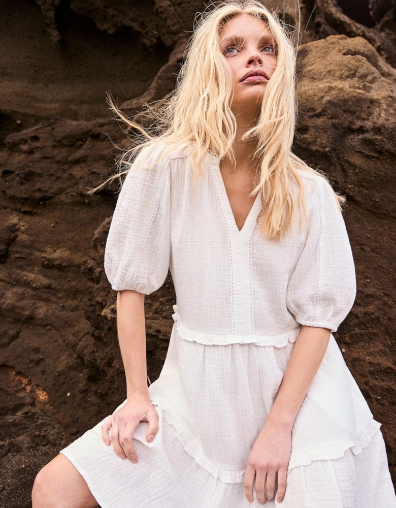 Petite Ivory Cheesecloth Frill-Detail Mini Dress