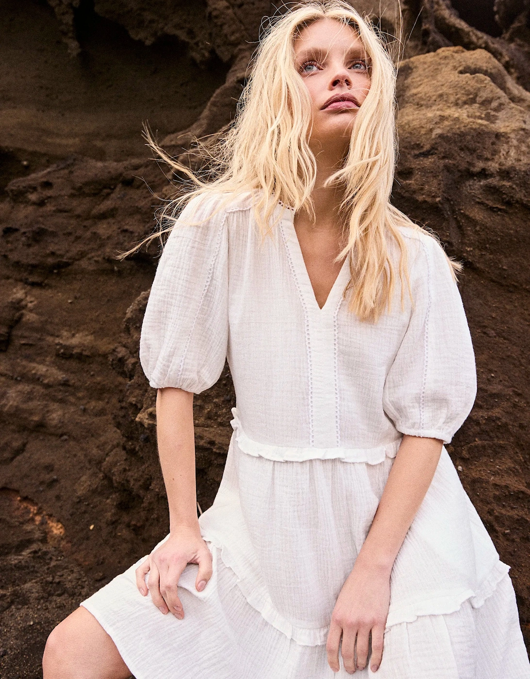 Petite Ivory Cheesecloth Frill-Detail Mini Dress