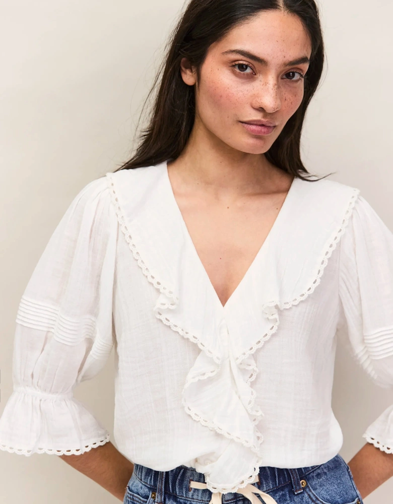 Ivory Cheesecloth Ruffle-Front Blouse