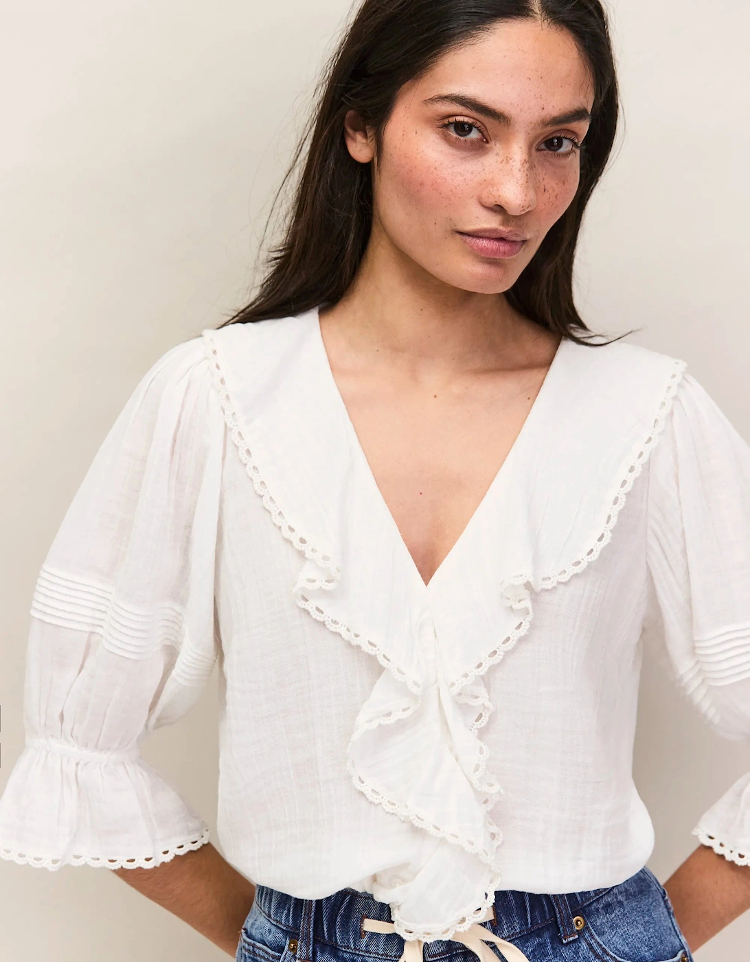 Ivory Cheesecloth Ruffle-Front Blouse