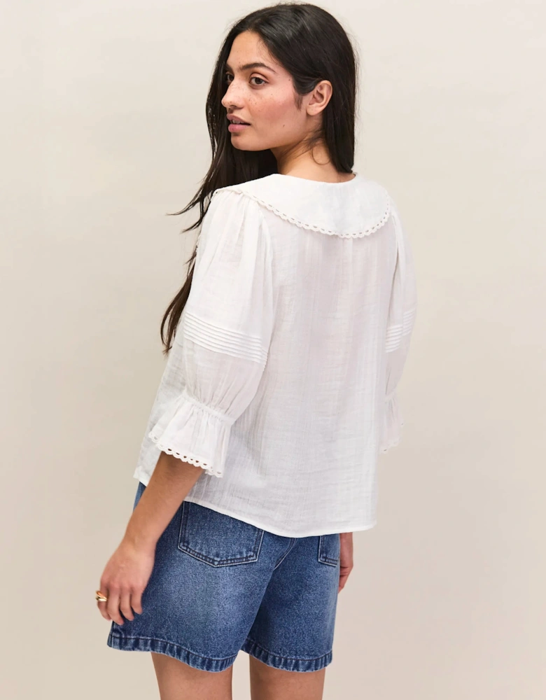 Ivory Cheesecloth Ruffle-Front Blouse