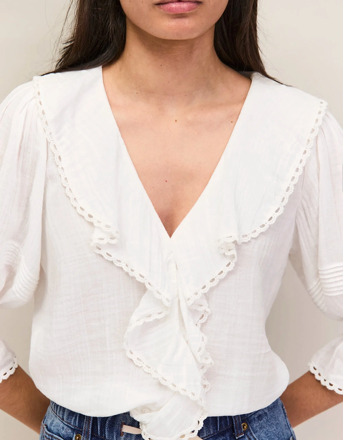 Ivory Cheesecloth Ruffle-Front Blouse