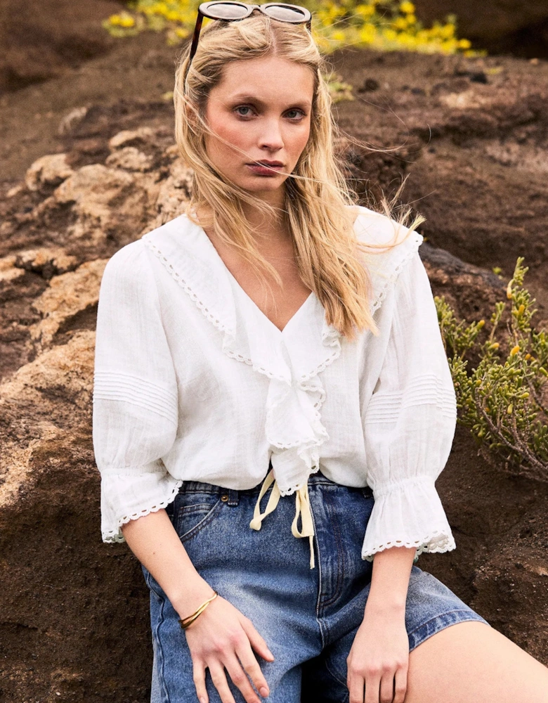 Ivory Cheesecloth Ruffle-Front Blouse