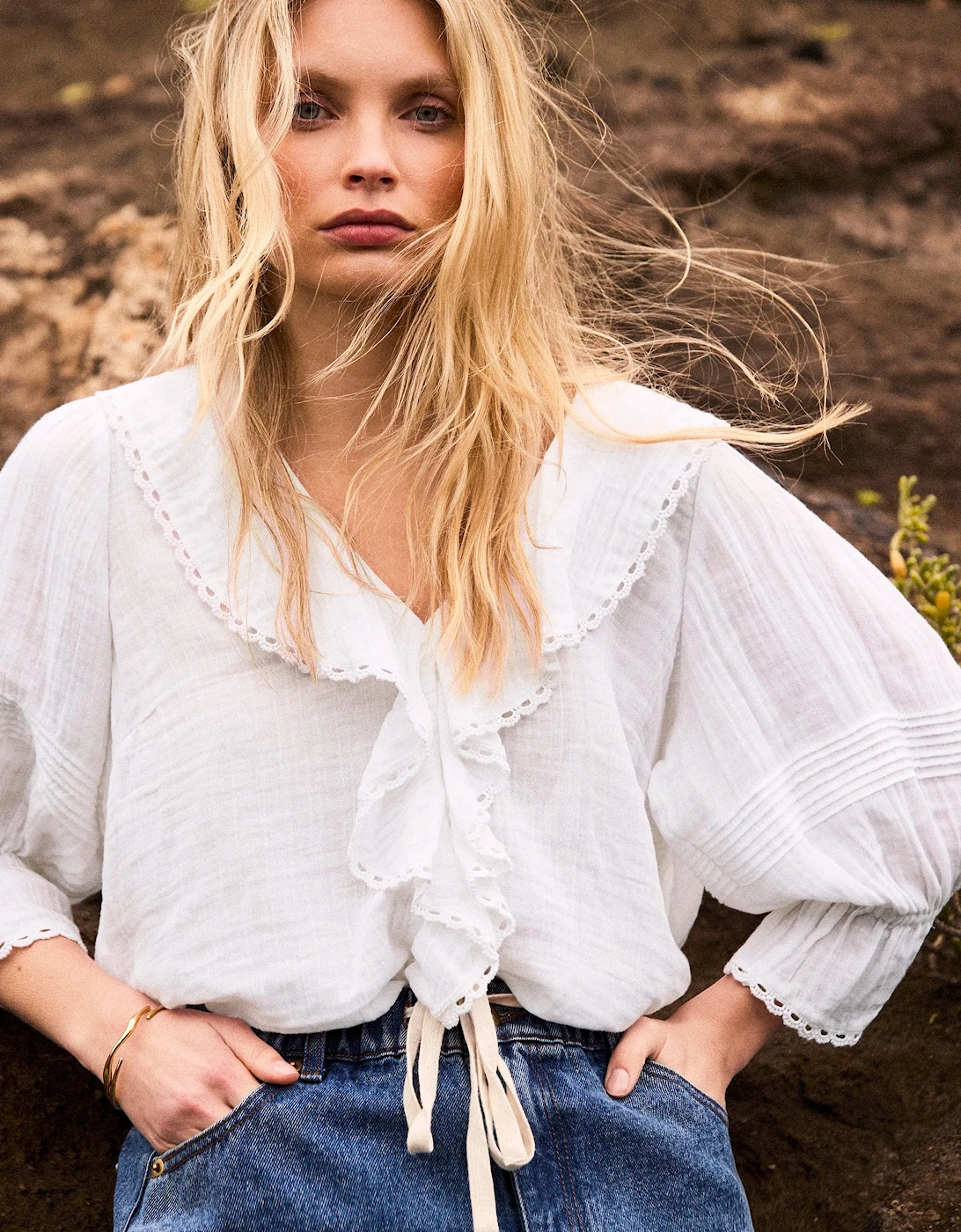 Ivory Cheesecloth Ruffle-Front Blouse