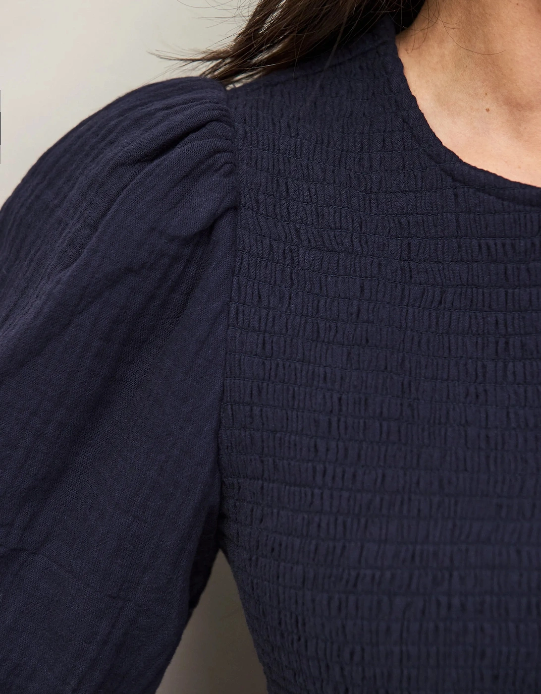 Navy Cheesecloth Shirred Top