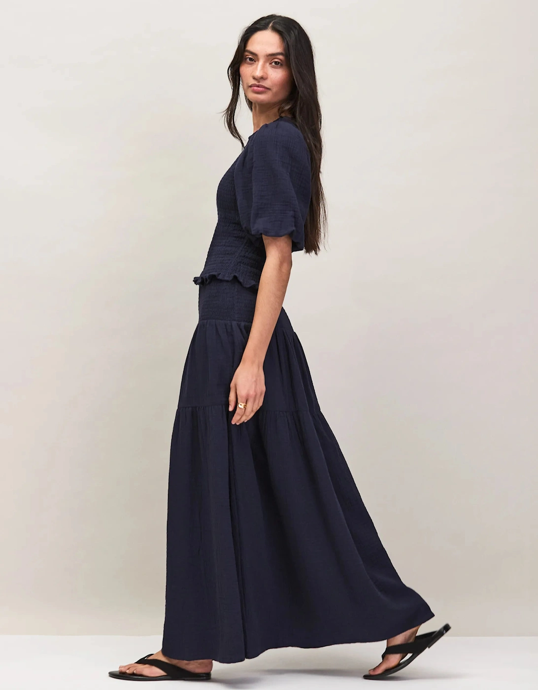 Navy Cheesecloth Shirred Top