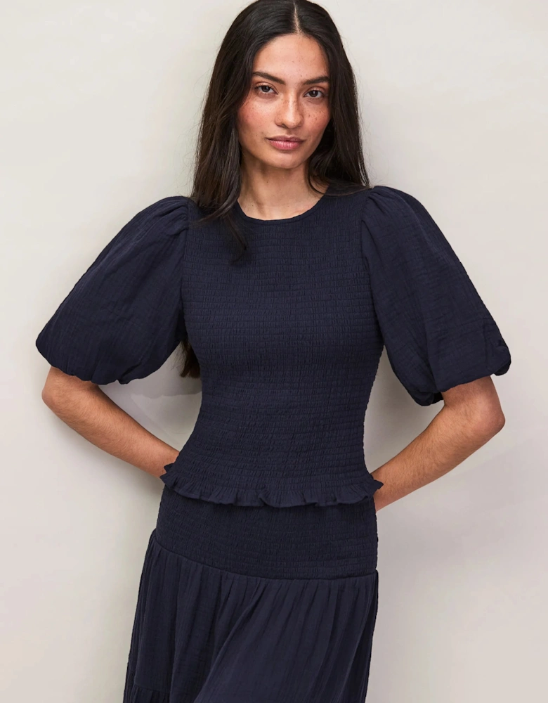 Navy Cheesecloth Shirred Top